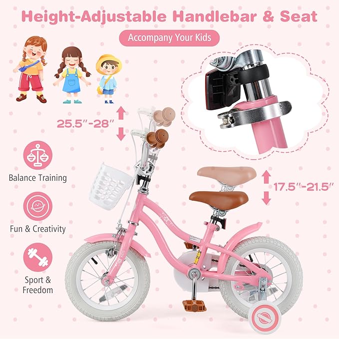 BABY JOY Kids Bike, 12 14 16 18 20 Inch Boys Girls Bike w/Adjustable Seat, Removable Basket, Handbrake & Coaster Brake, Training Wheels or Kickstand, Kids Bicycle with Multi-Color