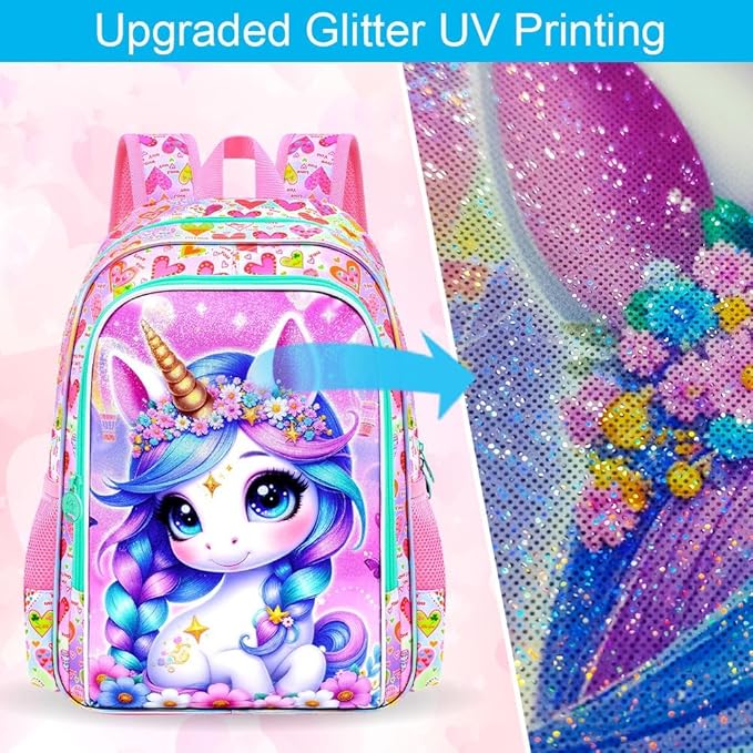 CCJPX 3Pcs Unicorn Backpack for Girls, 16” Kids Bookbag with Lunch Box, Water Resistant Elementary School Bag for Kindergarten Preschool Toddler (Pink)