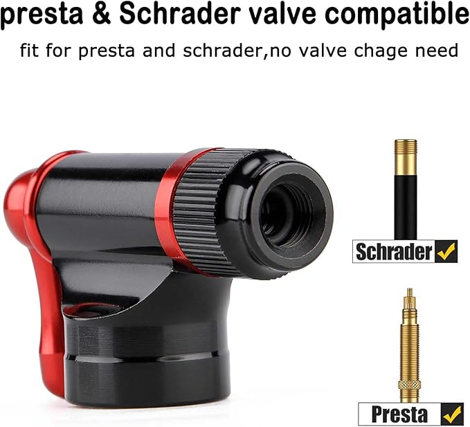 CO2 Inflator Kit with 5 X 16g CO2 Threaded Cartridges- Presta & Schrader Valve Compatible -Portable CO2 Bike Tire Pump Come with Glueles Repair Kit for Road & Mountain Bike