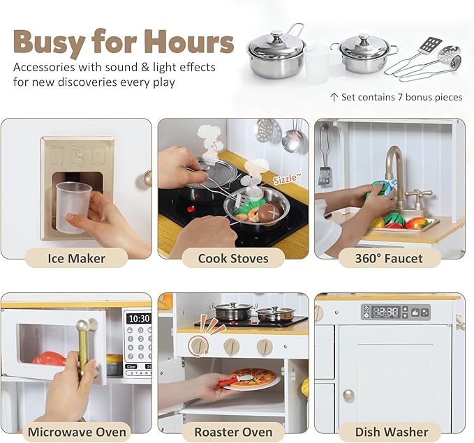 Play Kitchen for Kids, Wooden Kids Kitchen Playset with Realistic Sounds, Children Pretend Toy Kitchen Playset w/Stove, Oven & Ice Maker, Little Chef Play Kitchen for Girls and Boys, White