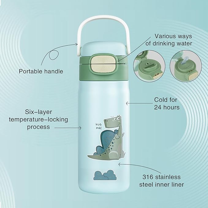 Water Bottle for Kids，Insulated Bottle with Straw, Vacuum Insulated Water Bottle for Boys&Girls, Leak-proof Insulated Tumbler（Green, Dinosaur ）