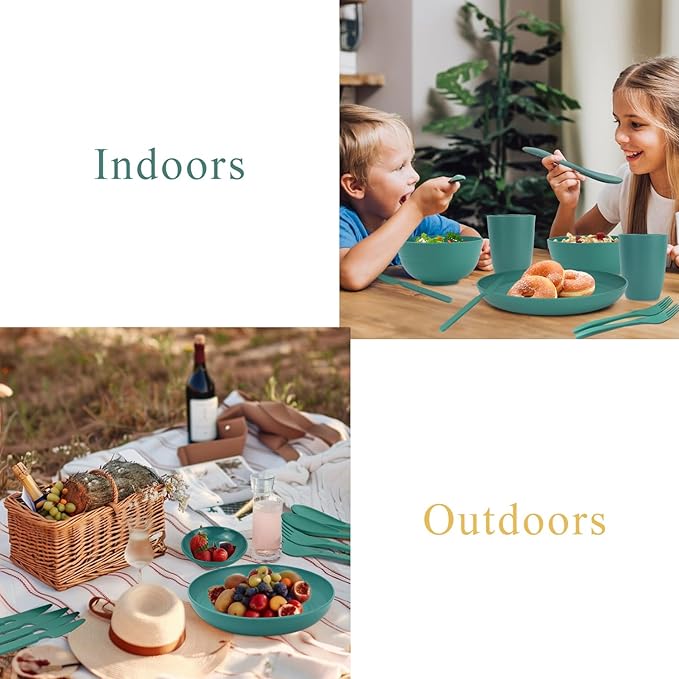 Wrova wheat straw bowls,plates,cups and cutlery sets 28 pcs - Dishwasher safe dish sets for kitchen, camping, indoors and outdoors.Green