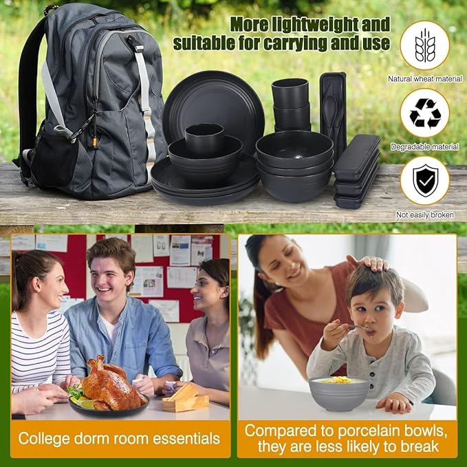 Wheat Straw Dinnerware Sets, Wheat Straw Plates and Bowls Sets for 4 Kitchen Dishes 28pcs College Dorm Room Essentials Cutlery Set Microwave Safe (Black)