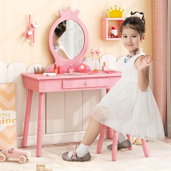 HONEY JOY Pink Crown Makeup Vanity, Includes Chair & Real Glass Mirror, Large Engineered Wood Kids' Vanity Set, Safe & Sturdy, Easy to Install & Clean, Pink