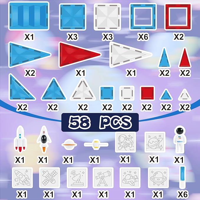 Magnetic Tiles - 58 Pcs Space Magnets Building Blocks Set - Sensory Travel Toys for Toddler - STEM Construction Playboards Stacking Toy - DIY Window Art - Birthday Gifts for Boy, Girl, Kids Ages 3-12