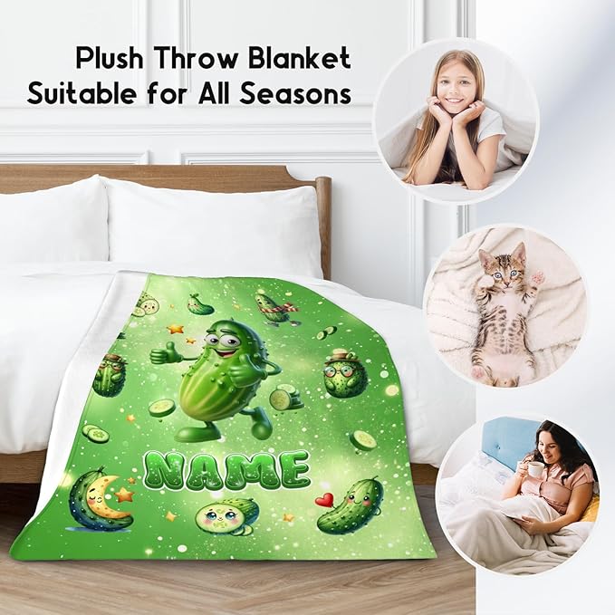 Pickle Blanket - Personalized Boys Girls Blankets Gifts for Pickle Lovers - Soft Flannel Kids Throw with Name for Couch, Bed, Room Decor, 4 Size