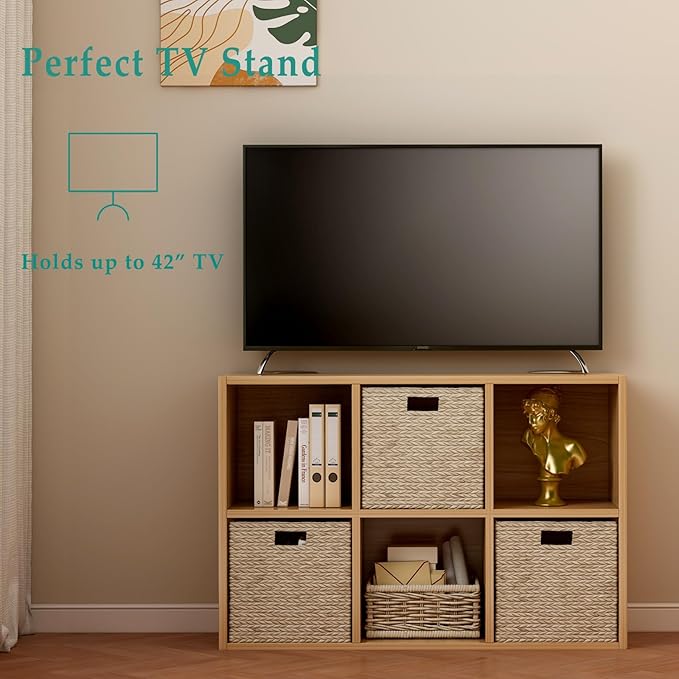 6-Cube Storage Shelf Bookcase - Wooden 3-Tier Floor Standing Open Bookshelf for Home and Office, Display Cabinet, Oak