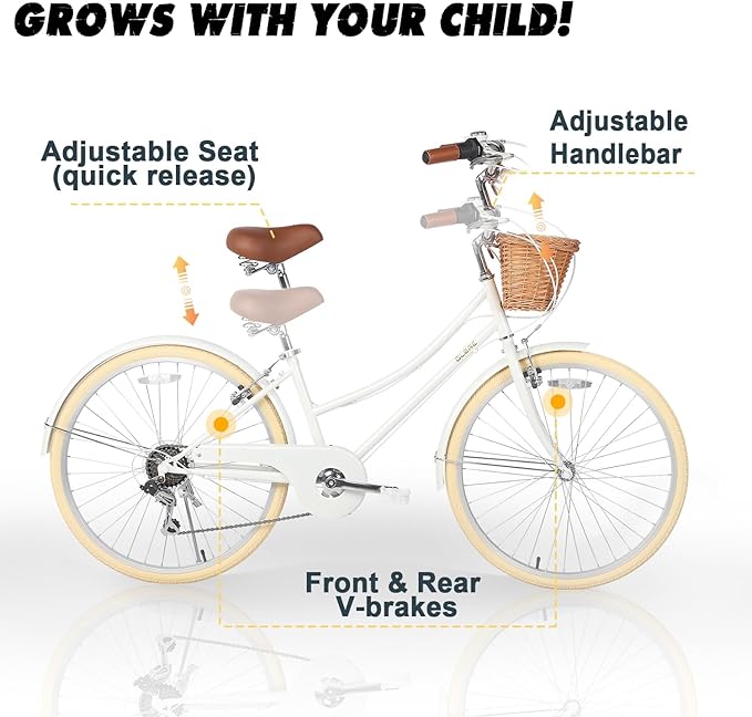 Glerc 20 24 26 Inch Beach Cruiser Bike, 6-Speed Hybrid City Bicycle for Girls Youth and Over 6 Years Old, Missy Bike with Wicker Basket & Lightweight, Multiple Colors