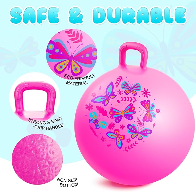PlayZap Hopper Ball for Kids 3-8,18 Inch Pink Bouncy Ball with Handle, Inflatable Hippity Hop Bounce Hopping Toys Indoor Outdoor for Boys Girls Gifts, Butterfly