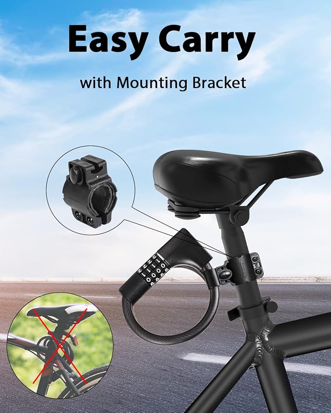 Bike Lock Cable with Combination,High Security 5-Digit Resettable Combination Bicycle Lock Anti-Theft, with Mounting Bracket for Bikes and Scooters