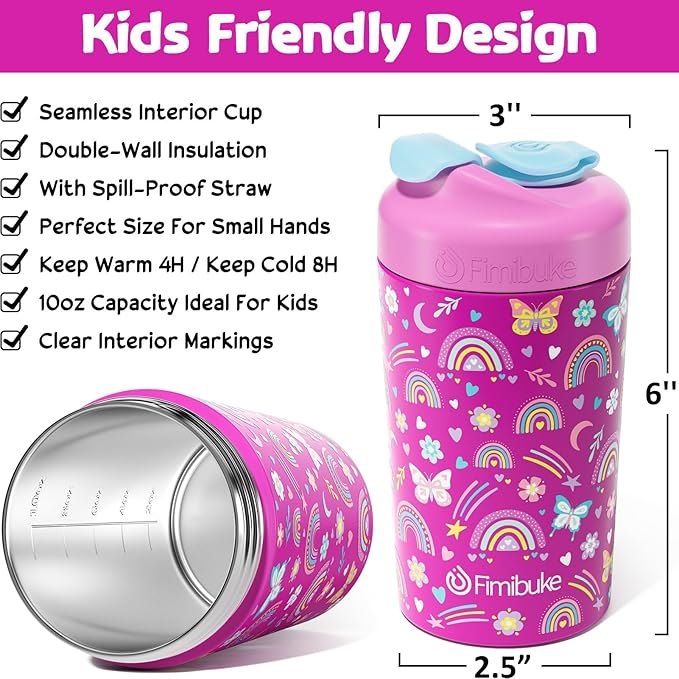 Fimibuke Kids & Toddler Cups, 10 OZ Spill Proof Straw Cups for Toddlers, 4 Pack Leak-Proof Kid Insulated Tumbler with Screw-On Lid & Silicone Straw with Stopper, Stainless Steel Sippy Cup for Girl Boy