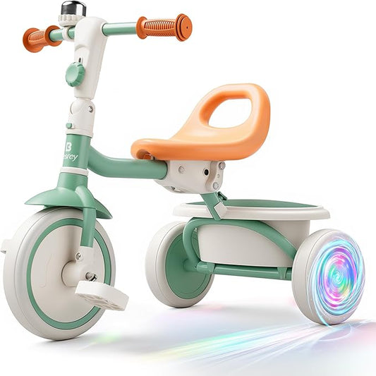 besrey Kids Tricycle with Flash Wheels for Ages 18 Months to 5 Years, Toddler Tricycle with Bell, Kids Tricycle, Gift for 2-5 Year Olds, Gift and Toy for Boys and Girls, Tricycle for Toddlers, Green