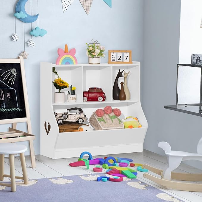 Lerliuo Kids White Toy Storage Organizer, Children Small Bookcase and Bookshelf, Toddler 4 Cubby Toy Storage Cabinet, Toy Shelf for Playroom, Bedroom, Living Room, Nursery, School 29.53'' H