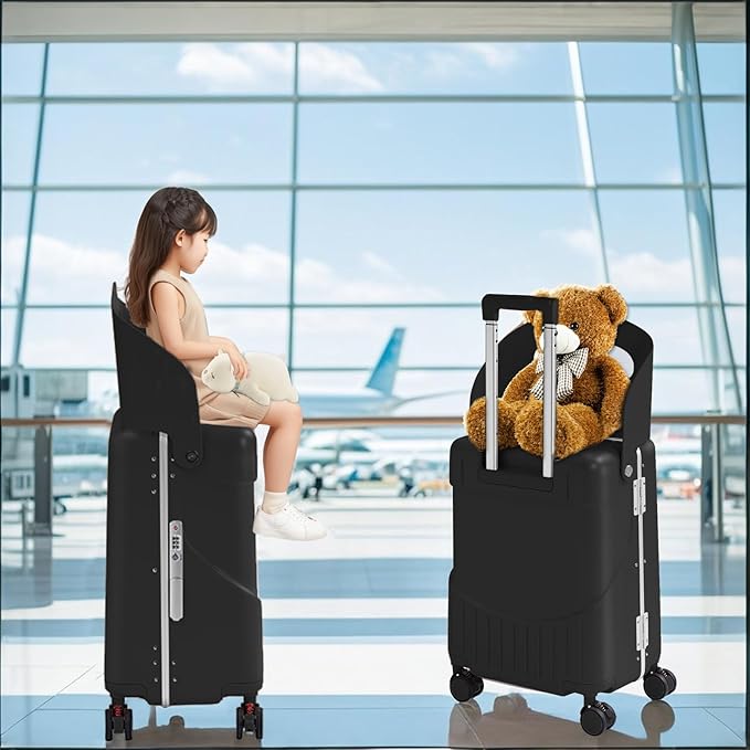 20'' Luggage with Child Seat, Ride On Suitcase with Shockproof Silent Spinner Wheels, TSA Lock, Carry On Luggage with Foldable Backrest, Bag Hook for Kids.