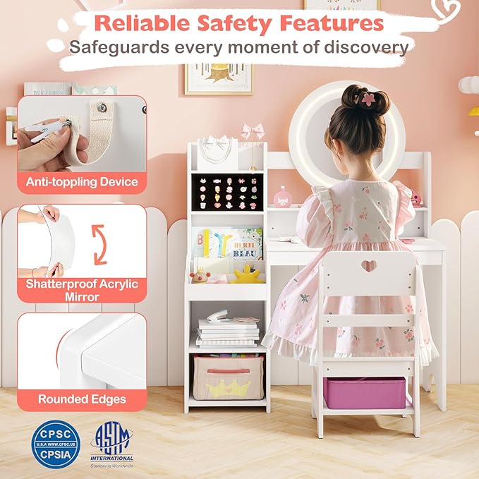 HONEY JOY Kids Vanity with Lights, Wooden Princess Makeup Dressing Vanity Desk with Jewelry Storage, Open Shelves, 2 in 1 Toddler Vanity Table & Chair Set with Lighted Mirror for Little Girls(White)