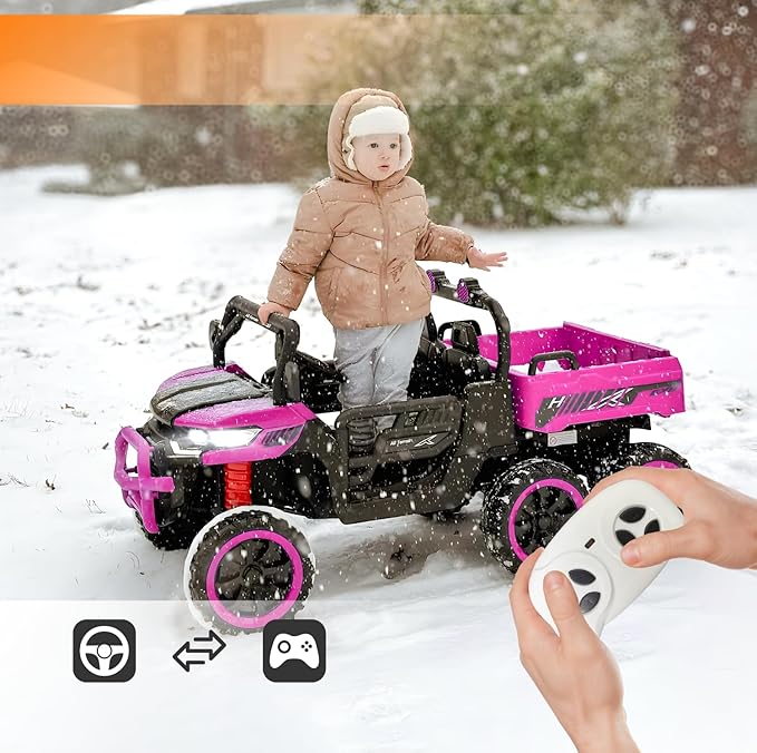 24V UTV 2 Seater Dump Truck with Remote Control, Electric Dump Bed, 4WD Power Ride on Truck Cars 6x6 Wheels, Music, Storage Trunk, Shovel for Kids-Pink