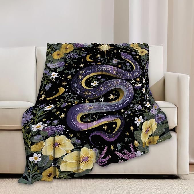 Purple Snake Blanket Fantasy Floral Reptiles Throw Blankets Gifts for Girls Boys Kids Snake Lover Soft Cozy Fleece Plush for Couch Sofa Bed 60"x50"