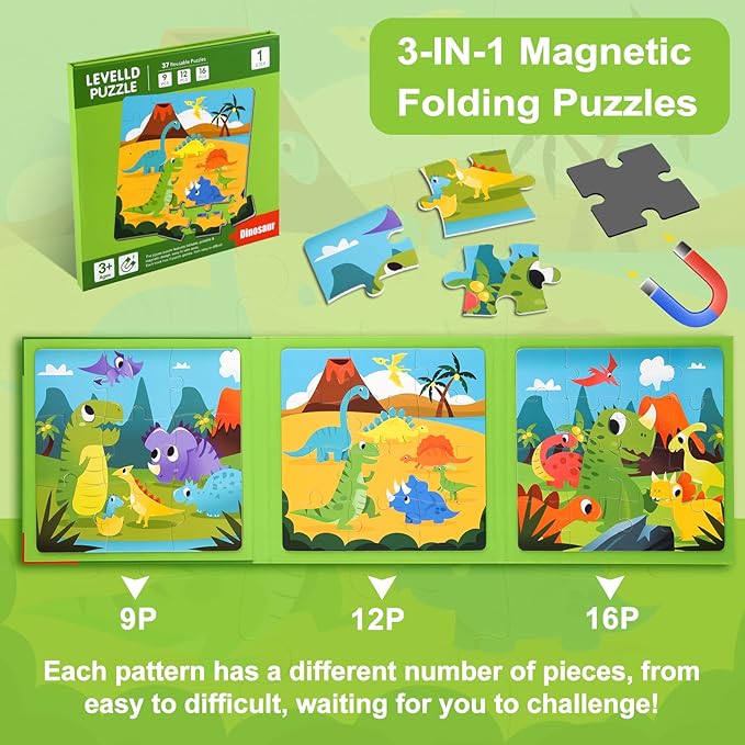 ASTARON Magnetic Puzzles for Toddlers, 16-20-25 Pieces Dinosaur Land Learning Magnet Puzzles for Road Trip, Educational Travel Toys Car Plane Activities for Kids, Kids Birthday Gifts