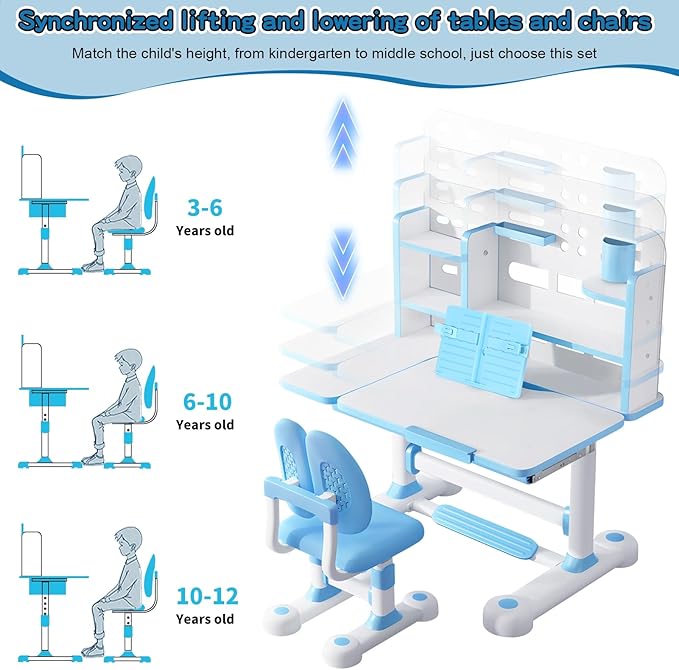 Upgraded Kid's Desk and Chair Set, Adjustable Children's Study Table with Bookshelf and Storage Drawer, 50-Degree Tiltable Desktop with Chair for Bedroom Blue