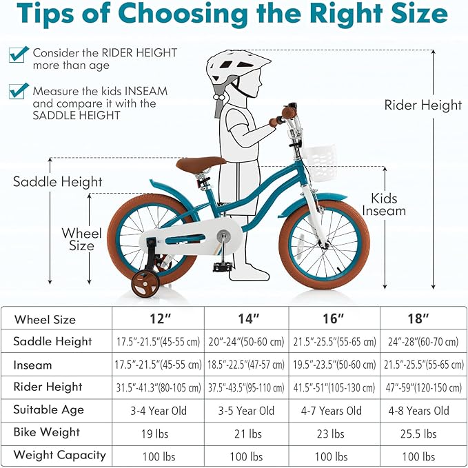 COSTWAY Kids Bike, 12 14 16 18 Inch Toddler Bike Children Bicycle w/Training Wheels, Hand & Coaster Brakes, Adjustable Saddle & Handlebar, Basket, Bell, Kids Bicycle for Girls Boys Aged 3-8 Years Old