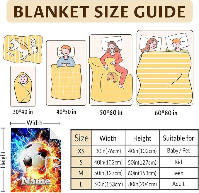 Soccer Blanket for Boys 6-8, Personalized with Name 50x40 Inches Comfortable Soft Small Sports Soccer Throws Gifts for Kids Team Players for Sofa Couch Travel