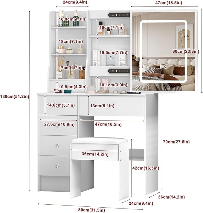 Makeup Vanity Desk with Sliding LED Mirror and Lights, White Vanity Desk with Lighted Mirror, USB Port, Drawers, 3-Color Adjustable Brightness, Vanity Dressing Table for Bedroom, Girls & Women Gifts