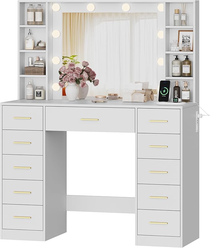 Makeup Vanity with Drawers, 43" White Vanity Desk with Mirror and Lights, 11 Drawers & 4 Shelves, Power Outlet & Adjustable LED Lights, Dressing Table for Women & Girls Bedroom