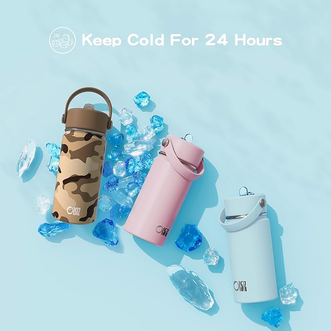 OISIZ Kids Water Bottle with Straw Lid 14oz, Vacuum Insulated 316 Stainless Steel Water Bottles for Kids for School, Leakproof Water Bottle, BPA Free and Keep Cold for 24 Hours