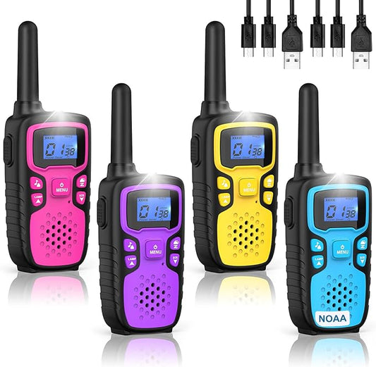 Wishouse Walkie Talkies for Kids Rechargeable Long Range,Xmas Birthday Gift for 4 5 6 7 8 9 Year Old Boys Girls,Hiking Gear Camping Games Cool Toys with NOAA,SOS Siren,Lamp,Lanyards,Easy to Use,4 Pack
