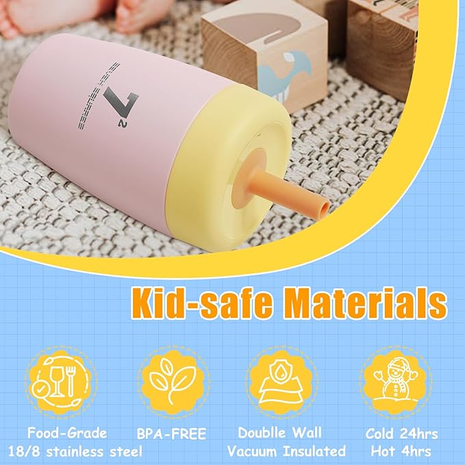 12oz Kids Tumbler Spill Resistant with Lid & Silicone Straw, Insulated Stainless Steel Sippy Cups, BPA-Free Straw Tumbler, Kids Water Bottle Dishwasher Safe, BPA-FREE
