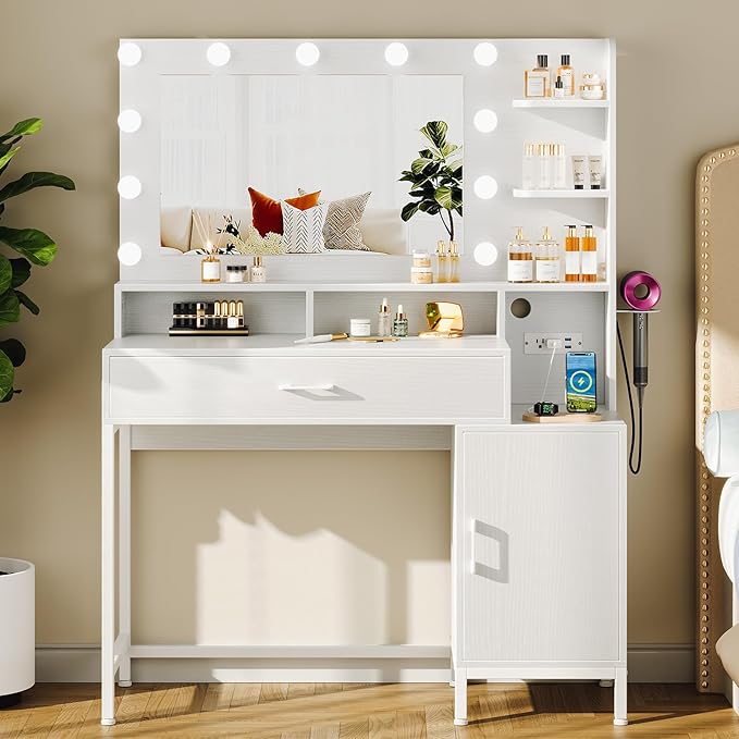 Vanity Desk with Mirror and Lights, Makeup Vanity with Storage Drawer, Power Outlet and Large Cabinet for Bedroom - White