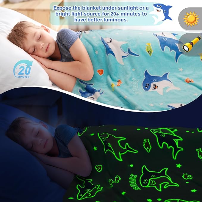 Shark Gifts for Boys Girls - Glow in The Dark Ocean Animal Blanket for Kids Age 1-14 Years Old Child Toddler Best Birthday Valentines Easter Christmas Party Favors Present Soft Cozy Throw 50"x60"