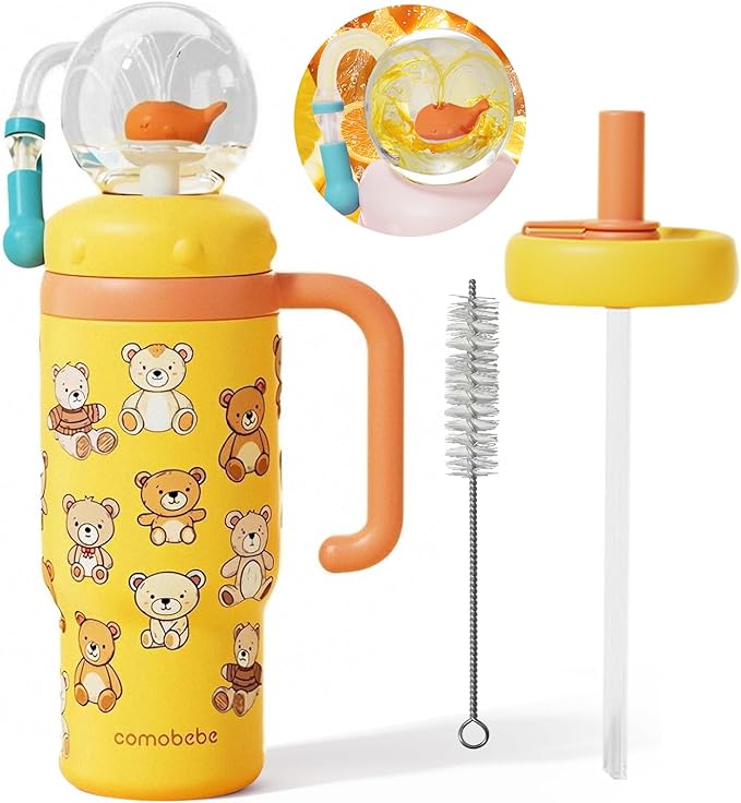Insulated Whale Fountain Cup, 24 oz Stainless Steel Travel Mug with Handle, Leak-Proof Straw Cup, 2025 model - Washable. Suitable for children, teenagers and adults (Orange little bear)
