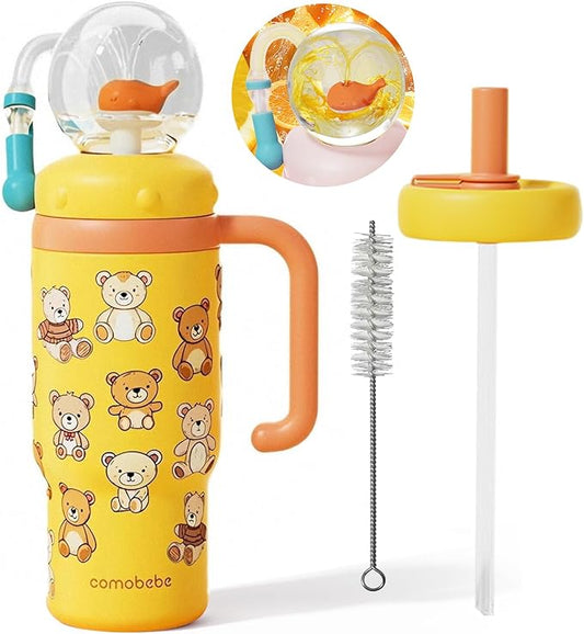 Insulated Whale Fountain Cup, 24 oz Stainless Steel Travel Mug with Handle, Leak-Proof Straw Cup, 2025 model - Washable. Suitable for children, teenagers and adults (Orange little bear)