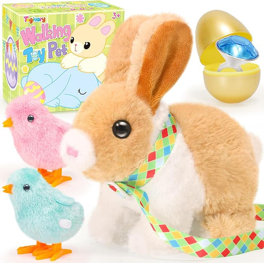 Tagitary Plush Easter Bunny Toys for Kids,Hopping Interactive Rabbit with Leash,Golden Egg,and Wind Up Toys,That Making Sounds,Wiggling Ears,Twitching Nose,Easter Basket Stuffers Gift for Toddlers