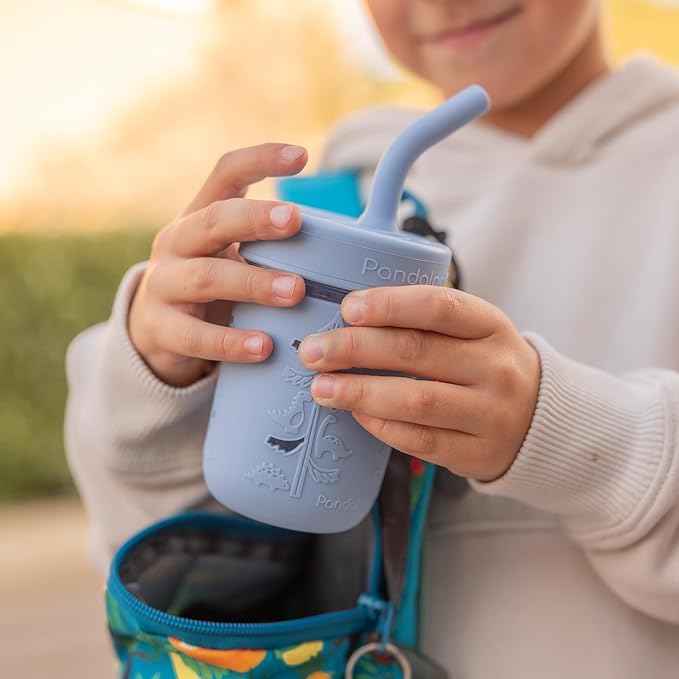 Pandaloo® Mason Jar Toddler Cup - 8 oz Spill-Proof Glass Tumbler with Silicone Straw and Lid, Non-Slip Sleeve, BPA-Free Toddler Snack Cups - Perfect Smoothie Cups with Lids and Straws for Kids