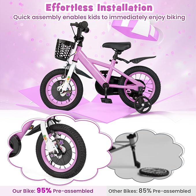 BABY JOY Rabbit Pilot Sporty Kids Bike, 12 14 16 18 Inch Child Bike for 3-8 Years Old with Adjustable Height, Training Wheels, Storage Basket, Handbrake & Coaster Brake, Kids Bicycle for Girls Boys