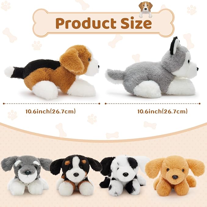 Tezituor 6 Pcs Bulk Stuffed Animals, Fluffy Assorted Stuffed Puppy Plush Toys for Kids, 11" Schnauzer, Husky, Bernese, Golden Retriever, Beagle, Spotted Dog Doll Set for Dog Themed Party Favors Gift