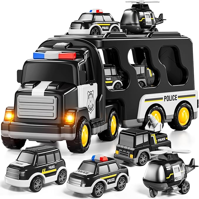 Police Truck Toy for 3 4 5 6 Years Old Boys - Carrier Vehicle Toy Set with 3 Small Cars and 1 Helicopter, Kids Firction Powered Car for Age 3-9, Gifts for Boys and Girls