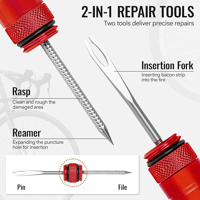 BWSHLF Tubeless Bike Tire Repair Kit for Mountain Bikes & Road Bicycles, Tubeless Tire Plug Kit with Storage Canister, Reamer, Insertion Fork, 10 Bacon Strips, Fix a Puncture or Flat, No Glue Needed