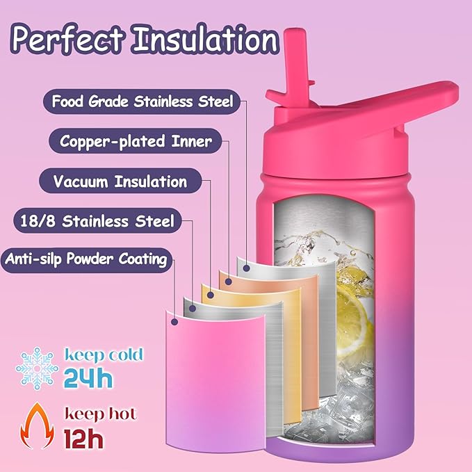 Mininoo Insulated Kids Water Bottle, 12 oz Stainless Steel Water Bottle Kids with Straw Lid and Chug Lid for Girls, Boys (Punch/Purple)