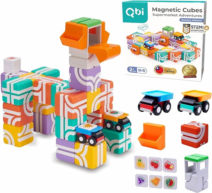 QBI Magnetic Blocks for Toddlers Ages 2-4｜STEM Magnetic Building Blocks with Trucks & Fruit Tiles｜Montessori Magnet Building Cubes for Kids｜Educational Gifts for Boys & Girls Ages 2+ (32PCS)