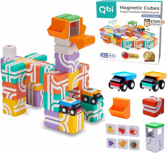 QBI Magnetic Blocks for Toddlers Ages 2-4｜STEM Magnetic Building Blocks with Trucks & Fruit Tiles｜Montessori Magnet Building Cubes for Kids｜Educational Gifts for Boys & Girls Ages 2+ (32PCS)
