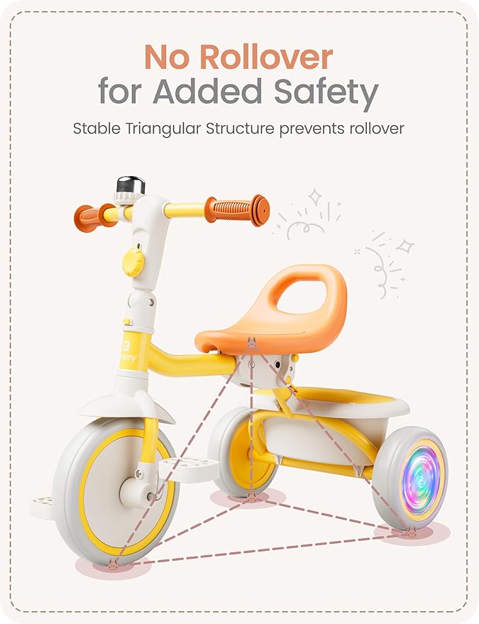besrey Colorful Lighting Toddler Tricycle for Ages 18 Months to 5 Years, Toddler Bike with Bell, Kids Tricycle, Gift for 2-5 Year Olds, Toy for Boys and Girls, Tricycle for Toddlers, Yellow