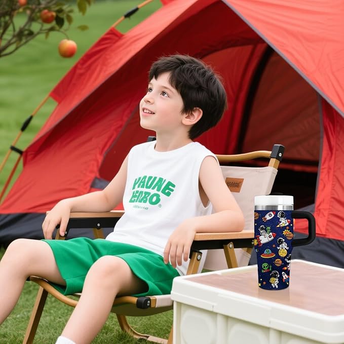 Space Themed Gifts for Boys - 14oz Kids Astronaut Tumbler with Handle and Straw, Stainless Steel Insulated Water Cup, for Sports, School - Space Themed Children's Birthday Gift Cup (1pc)