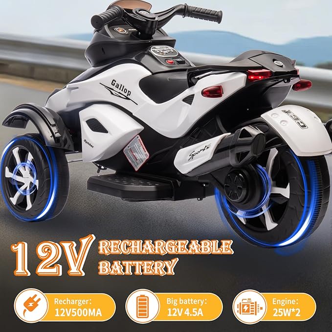 Xinyonxin 12V Kids Electric ATV, 3-Wheeler Motorcycle Ride on Toys for Toddlers w/Music, LED Lights, USB, One-Button Start, Forward/Reverse, Electric All-Terrain Car, Gift for Age 3+ (White)