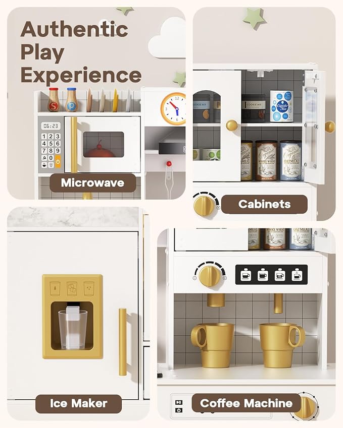 BIERUM Wooden Play Kitchen for Kids Ages 3-8 with Lights & Sounds, Pretend Play Kitchen Set with Stove, Ice Maker, Coffee Maker, Oven & Accessories, Toddler Kitchen Playset for Boys and Girls (White)