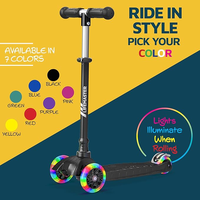 Lifemaster Mini 3-Wheel Kids Scooter with Multi-Color Wheel Lights – 4-Height Adjustable Handlebar, Wide Anti-Slip Deck, Child Safety Certified, Boys & Girls Ages 2+ Supports Up to 110 lbs