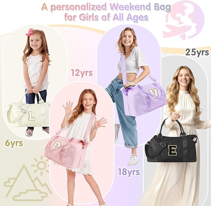 Dance Gym Duffel Bag for Teen Girls, Personalized Initial Travel Weekender Bag,Cute Overnight Carry On Duffle for Women,Sports Travel Cheer Bag,Monogram Christmas Gifts for Tween Preppy(pink-I)