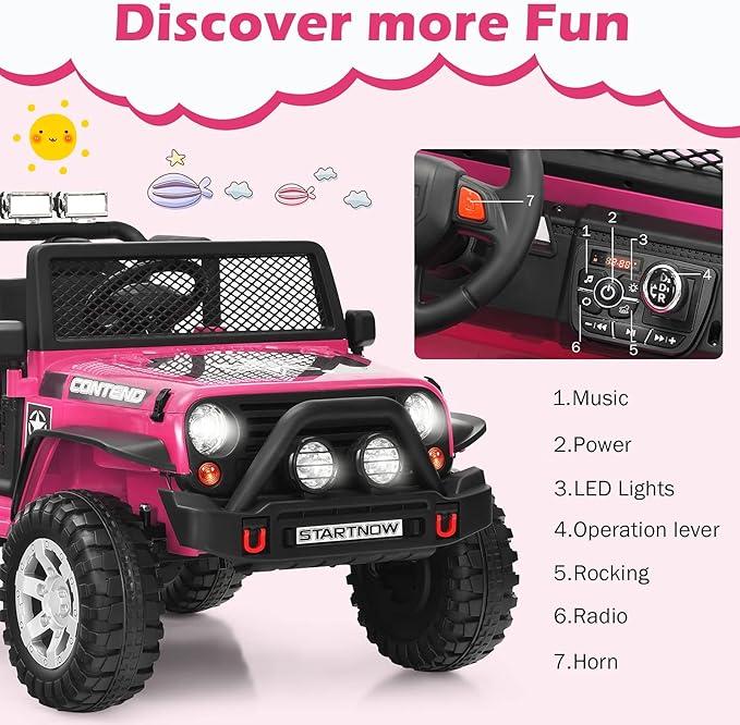 Costzon 2-Seater Ride on Truck, 12V Battery Powered Electric Vehicle w/Remote Control, 2 Speeds, Spring Suspension, LED Light, Horn, Music/ MP3, 2 Doors Open, Ride on Car for Kids (Pink)